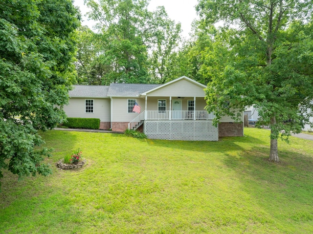 347 Highland Dr, Dunlap, TN 37327 - ranch-style house featuring a front yard, stairs, ceiling fan, covered porch, and a shingled roof