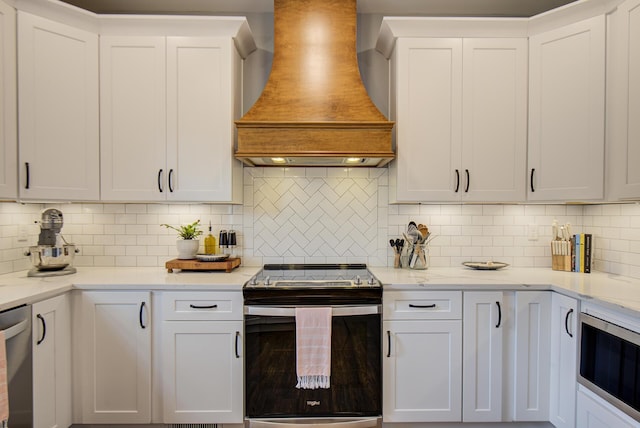 9117 Sir Hudson Ct, Harrison, TN 37341 - kitchen featuring stainless steel appliances, premium range hood, white cabinets, decorative backsplash, and light stone counters