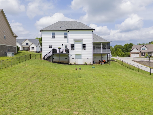 9117 Sir Hudson Ct, Harrison, TN 37341 - back of property featuring a sunroom, central air condition unit, roof with shingles, stairway, and a deck