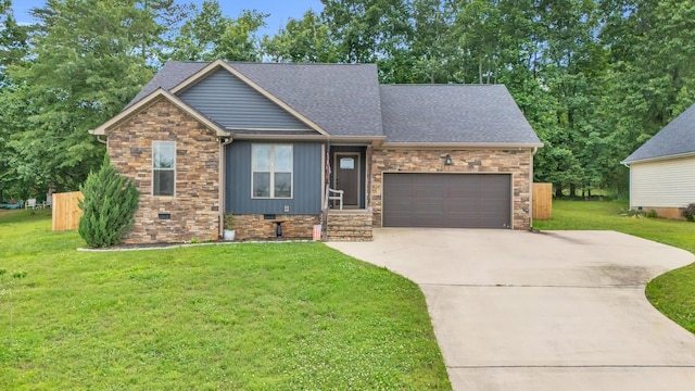 329 Windsong Dr, Lafayette, GA 30728 - craftsman-style house with driveway, roof with shingles, a front lawn, an attached garage, and crawl space