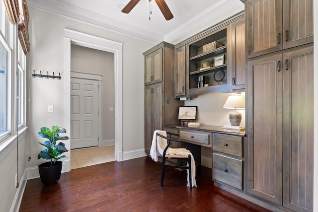 8580 Festival Loop, Chattanooga, TN 37419 - office space with built in desk, dark wood-style flooring, baseboards, a ceiling fan, and crown molding