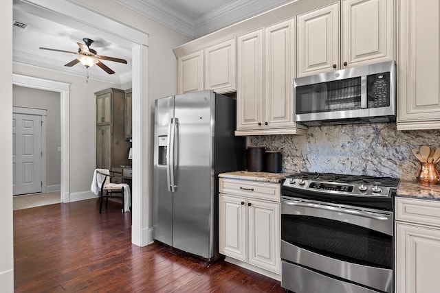 8580 Festival Loop, Chattanooga, TN 37419 - kitchen with stainless steel appliances, ornamental molding, a ceiling fan, decorative backsplash, and dark wood-style floors