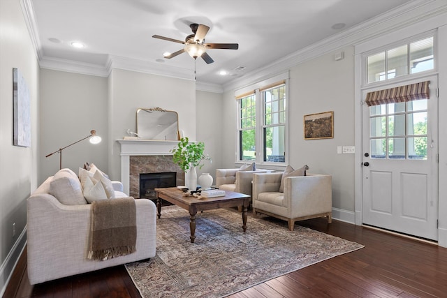 8580 Festival Loop, Chattanooga, TN 37419 - living area with a high end fireplace, a ceiling fan, hardwood / wood-style floors, baseboards, and ornamental molding