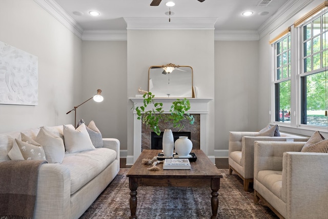 8580 Festival Loop, Chattanooga, TN 37419 - living room featuring ceiling fan, plenty of natural light, crown molding, a premium fireplace, and baseboards