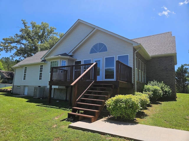 12466 Alabama Hwy, Ringgold, GA 30736 - back of property with a lawn, a deck, cooling unit, and stairway