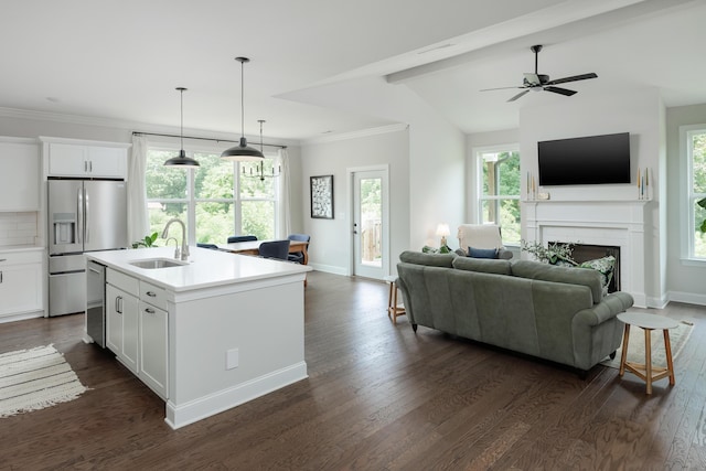 306 Stonegate Way, Soddy Daisy, TN 37379 - kitchen featuring stainless steel appliances, dark wood finished floors, open floor plan, a fireplace, and light countertops