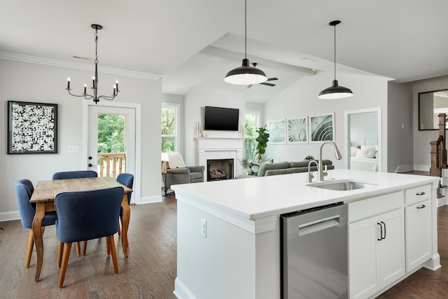 306 Stonegate Way, Soddy Daisy, TN 37379 - kitchen featuring dishwasher, pendant lighting, a fireplace, white cabinetry, and vaulted ceiling