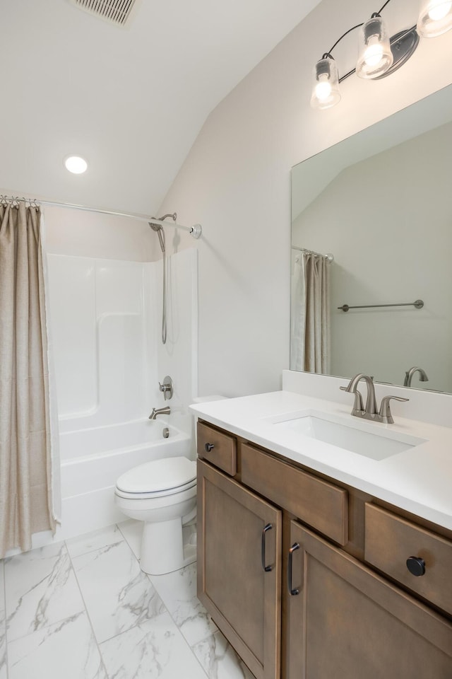 306 Stonegate Way, Soddy Daisy, TN 37379 - full bath featuring vanity, shower / bath combo, vaulted ceiling, and marble finish flooring