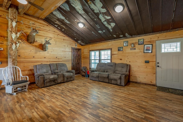 253 Hartline Rd, Trenton, GA 30752 - living room with wood ceiling, wood walls, vaulted ceiling, wood finished floors, and plenty of natural light
