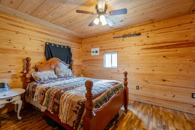253 Hartline Rd, Trenton, GA 30752 - bedroom featuring wood ceiling, wooden walls, hardwood / wood-style floors, and a ceiling fan