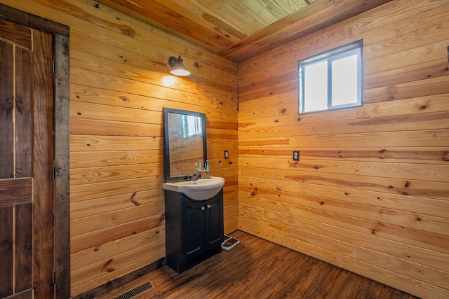 253 Hartline Rd, Trenton, GA 30752 - bathroom with vanity, wood ceiling, wood walls, and wood finished floors