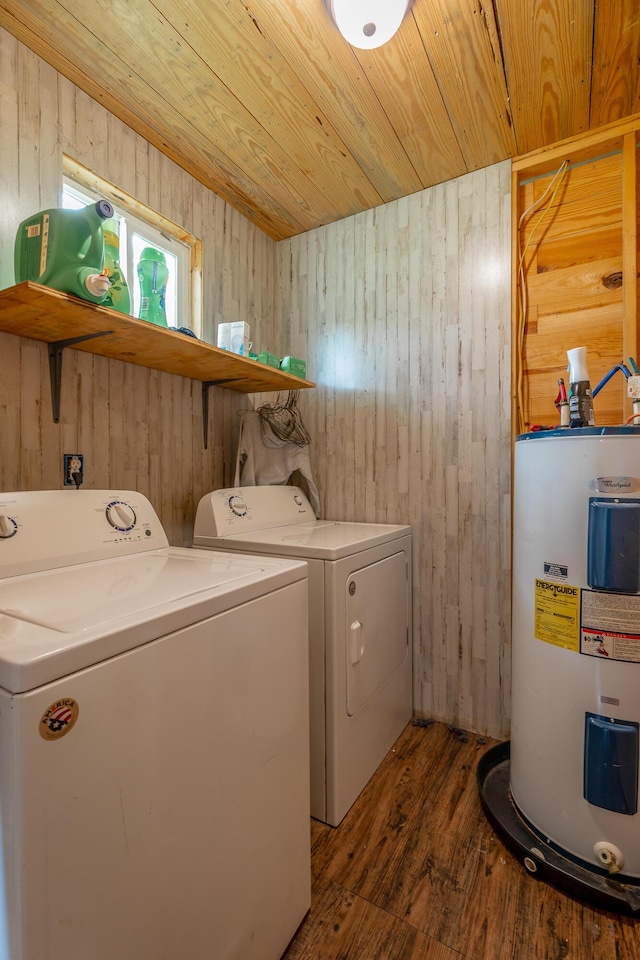 253 Hartline Rd, Trenton, GA 30752 - laundry area featuring electric water heater, washing machine and clothes dryer, wood walls, wood finished floors, and wooden ceiling