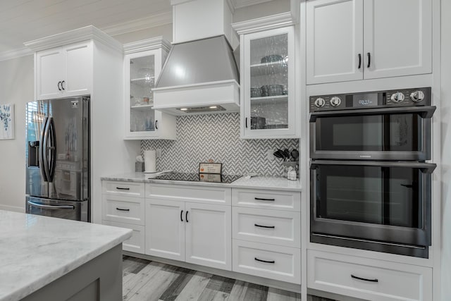 15 Breckinridge Dr, Chickamauga, GA 30707 - kitchen with black appliances, custom exhaust hood, crown molding, backsplash, and light stone counters