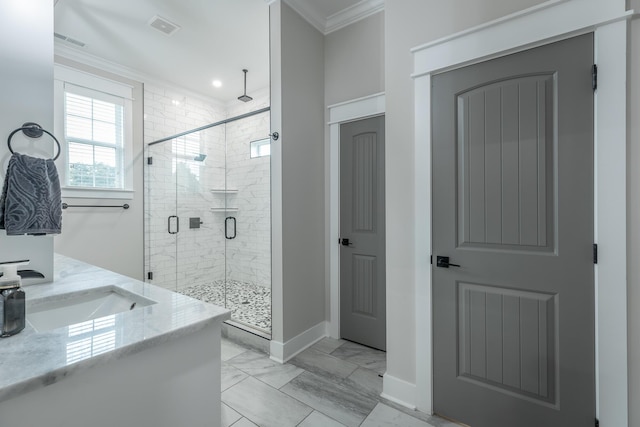 15 Breckinridge Dr, Chickamauga, GA 30707 - bathroom with a stall shower, ornamental molding, baseboards, vanity, and marble look tiles