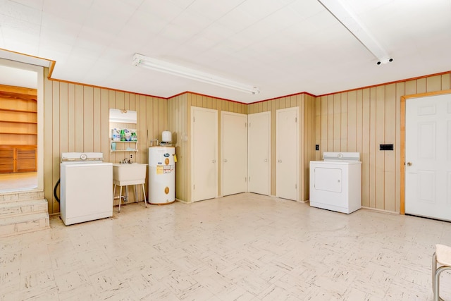 208 Barbara Ln, Chattanooga, TN 37411 - basement featuring water heater, tile patterned floors, washing machine and clothes dryer, wood walls, and a sink