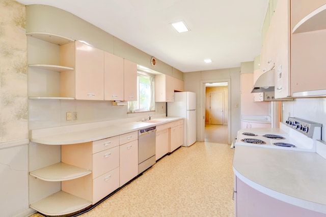 208 Barbara Ln, Chattanooga, TN 37411 - kitchen featuring open shelves, white appliances, light countertops, a sink, and under cabinet range hood