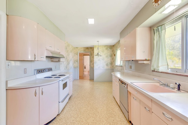 208 Barbara Ln, Chattanooga, TN 37411 - kitchen with white electric stove, under cabinet range hood, light countertops, stainless steel dishwasher, and a wainscoted wall