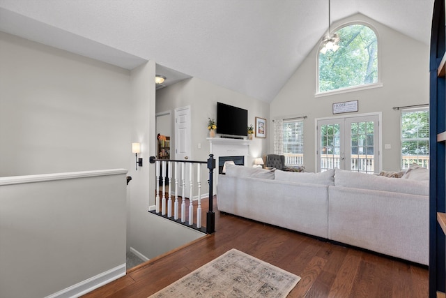 6443 Olde Ferry Lndg, Harrison, TN 37341 - living area with a fireplace, french doors, wood finished floors, high vaulted ceiling, and baseboards