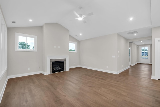 2732 Butlers Green Cir Unit 27, Chattanooga, TN 37421 - unfurnished living room featuring wood finished floors, a glass covered fireplace, a ceiling fan, vaulted ceiling, and baseboards