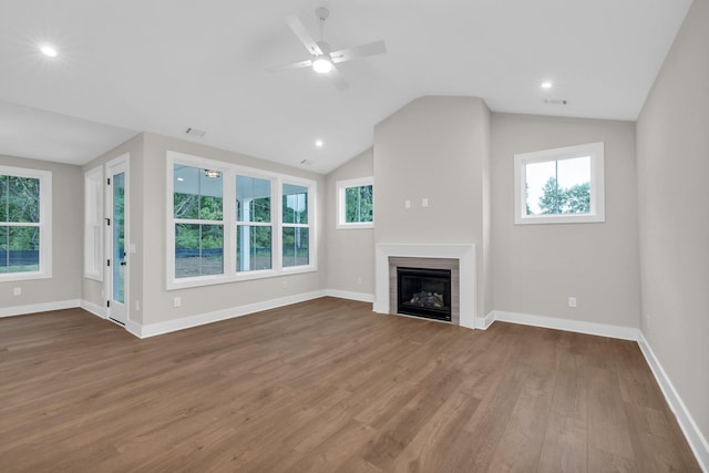 2732 Butlers Green Cir Unit 27, Chattanooga, TN 37421 - unfurnished living room with wood finished floors, a glass covered fireplace, ceiling fan, lofted ceiling, and baseboards