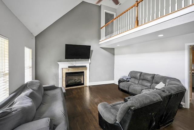 320 Marble Top Rd, Chickamauga, GA 30707 - living room with high vaulted ceiling, a fireplace, wood finished floors, baseboards, and recessed lighting