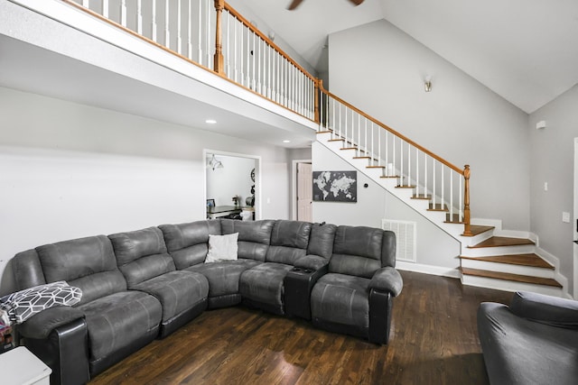 320 Marble Top Rd, Chickamauga, GA 30707 - living area featuring high vaulted ceiling, wood finished floors, stairs, ceiling fan, and a desk