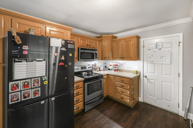 320 Marble Top Rd, Chickamauga, GA 30707 - kitchen featuring stainless steel appliances, ornamental molding, dark wood-style flooring, and brown cabinetry