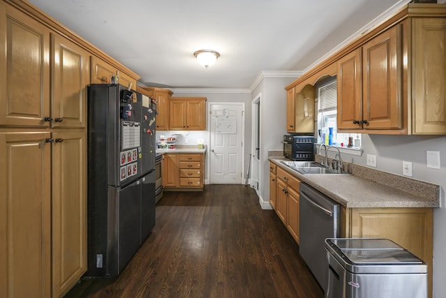 320 Marble Top Rd, Chickamauga, GA 30707 - kitchen featuring stainless steel appliances, a sink, dark wood-style floors, ornamental molding, and light countertops