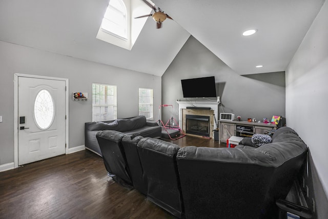320 Marble Top Rd, Chickamauga, GA 30707 - living room with a skylight, wood finished floors, a ceiling fan, a fireplace, and baseboards
