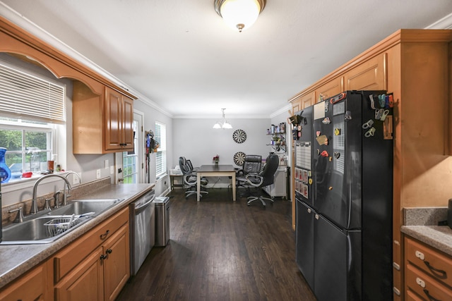 320 Marble Top Rd, Chickamauga, GA 30707 - kitchen featuring freestanding refrigerator, a sink, dishwasher, dark wood-style flooring, and brown cabinets