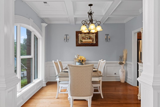 604 Lenna Ln, Dalton, GA 30720 - dining space with a chandelier, healthy amount of natural light, coffered ceiling, beam ceiling, and light wood-style floors