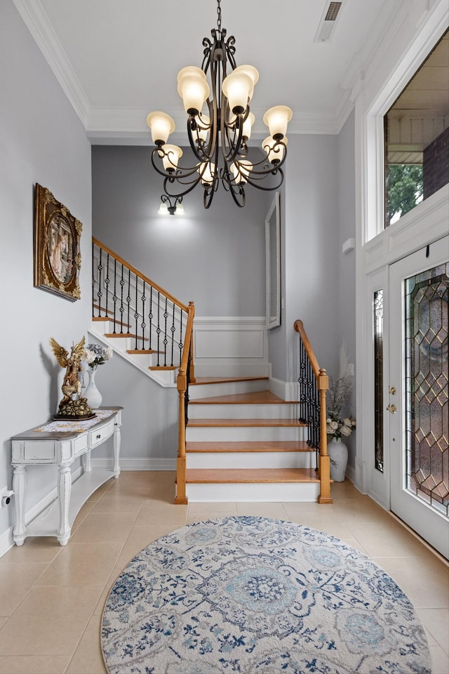 604 Lenna Ln, Dalton, GA 30720 - tiled entrance foyer with a chandelier, crown molding, stairway, and baseboards