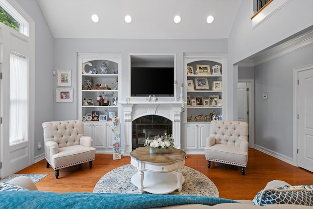 604 Lenna Ln, Dalton, GA 30720 - living area featuring vaulted ceiling, a glass covered fireplace, wood finished floors, and built in features