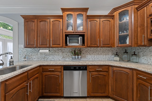 604 Lenna Ln, Dalton, GA 30720 - kitchen with stainless steel dishwasher, a sink, light stone countertops, tasteful backsplash, and crown molding