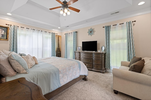 604 Lenna Ln, Dalton, GA 30720 - bedroom with a tray ceiling, carpet, crown molding, recessed lighting, and ceiling fan