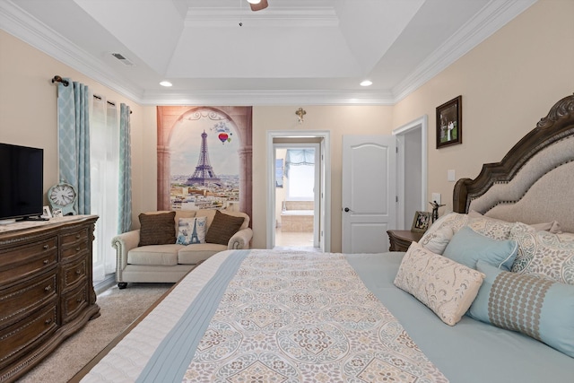 604 Lenna Ln, Dalton, GA 30720 - bedroom with crown molding, a tray ceiling, ensuite bathroom, recessed lighting, and light colored carpet