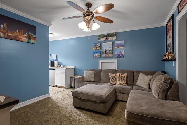 604 Lenna Ln, Dalton, GA 30720 - living room featuring ceiling fan, ornamental molding, carpet, and baseboards