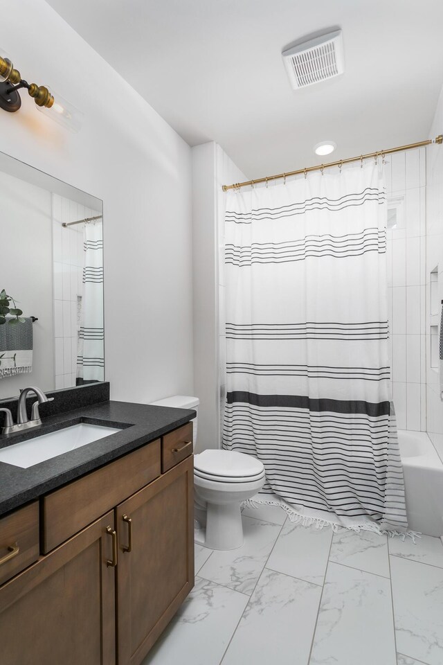 1522 Little Sorrel Rd Unit 034, Hixson, TN 37343 - bathroom with vanity, marble look tile flooring, toilet, and shower / bath combination with curtain