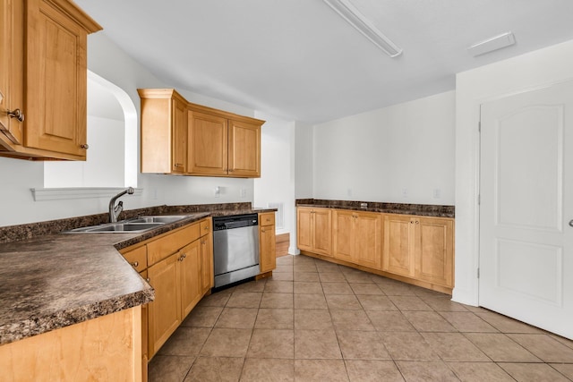 1770 Thrasher Pike, Hixson, TN 37343 - kitchen featuring stainless steel dishwasher, a sink, dark countertops, and light tile patterned floors