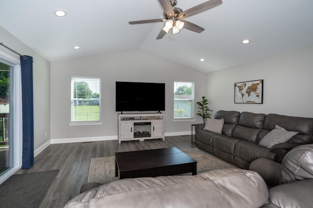 595 New Union Cir, Dayton, TN 37321 - living room with lofted ceiling, dark wood finished floors, ceiling fan, baseboards, and recessed lighting