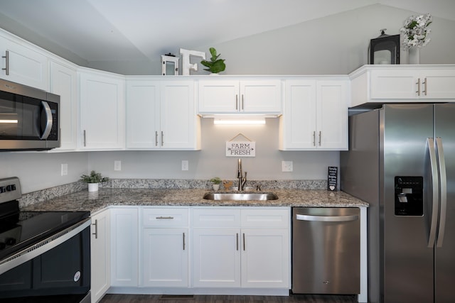 595 New Union Cir, Dayton, TN 37321 - kitchen with appliances with stainless steel finishes, a sink, lofted ceiling, white cabinetry, and light stone counters