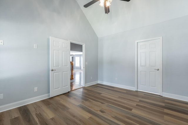 7762 Lynnle Way, Hixson, TN 37343 - empty room featuring a ceiling fan, high vaulted ceiling, and dark wood finished floors