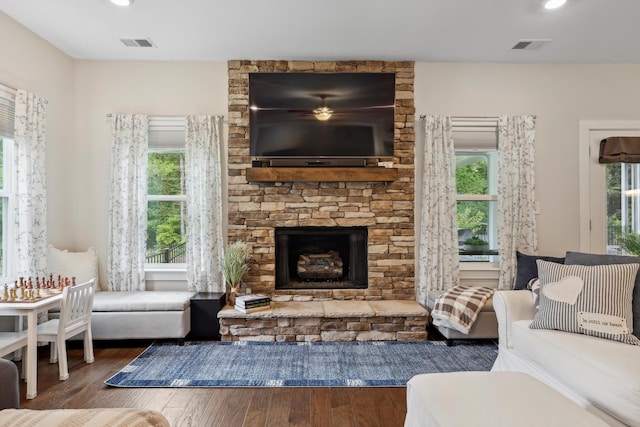 1590 Buttonwood Unit 20, Chattanooga, TN 37421 - living room featuring a stone fireplace, wood finished floors, healthy amount of natural light, and recessed lighting