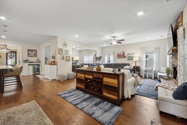 1590 Buttonwood Unit 20, Chattanooga, TN 37421 - living room with healthy amount of natural light, a fireplace, a ceiling fan, dark wood finished floors, and recessed lighting