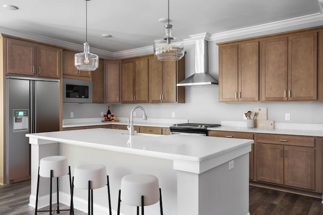 316 Fox Gap Ln Unit 316, Hixson, TN 37343 - kitchen featuring wall chimney range hood, stainless steel fridge, black range, built in microwave, and a center island with sink