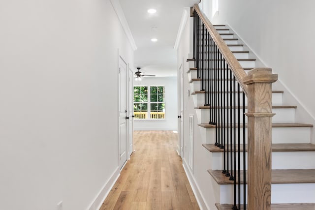 3563 Knollwood Hill Dr, Chattanooga, TN 37415 - stairway with wood finished floors, baseboards, recessed lighting, a ceiling fan, and ornamental molding