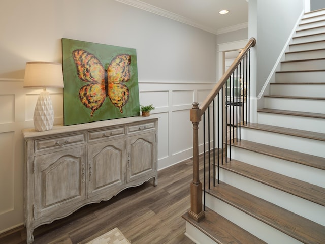 8868 Knolling Loop Unit 36, Ooltewah, TN 37363 - stairway featuring a decorative wall, ornamental molding, wood finished floors, recessed lighting, and a wainscoted wall