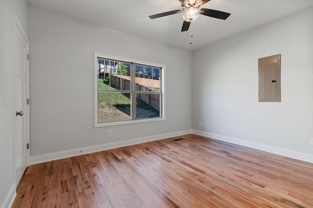 607 Westover Dr SW, Cleveland, TN 37311 - empty room with electric panel, light wood-type flooring, baseboards, and a ceiling fan