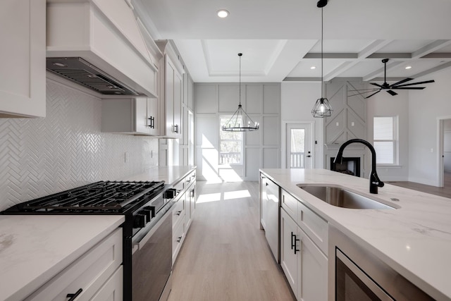 6221 Alexandra Pl, Chattanooga, TN 37416 - kitchen with a sink, premium range hood, stainless steel appliances, light wood finished floors, and decorative backsplash