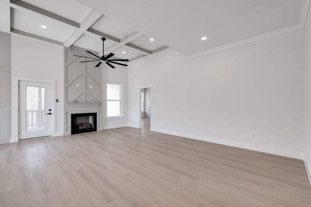 6221 Alexandra Pl, Chattanooga, TN 37416 - unfurnished living room featuring coffered ceiling, beam ceiling, baseboards, light wood finished floors, and a fireplace